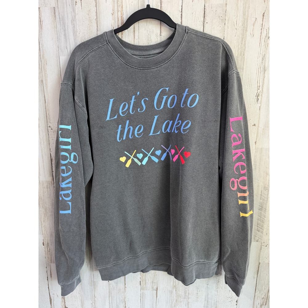 NWT Lakegirl Ringspun Sweatshirt Women M Grey Lets Go to Lake Fleece Crew Neck